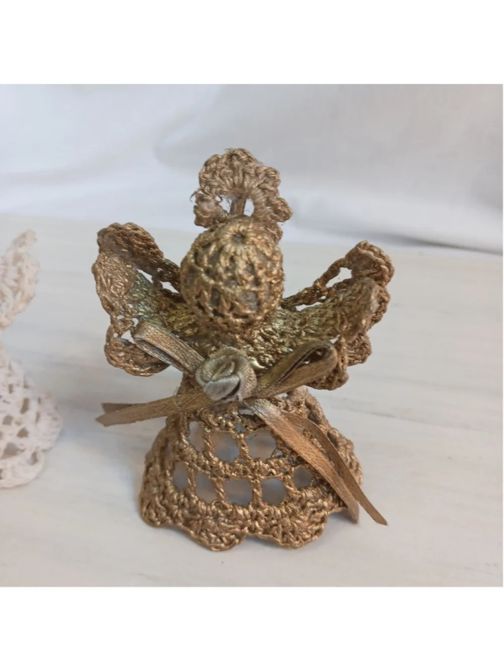 Vintage Handmade Crochet Angel Ornaments Lace Set Of Two Gold , White